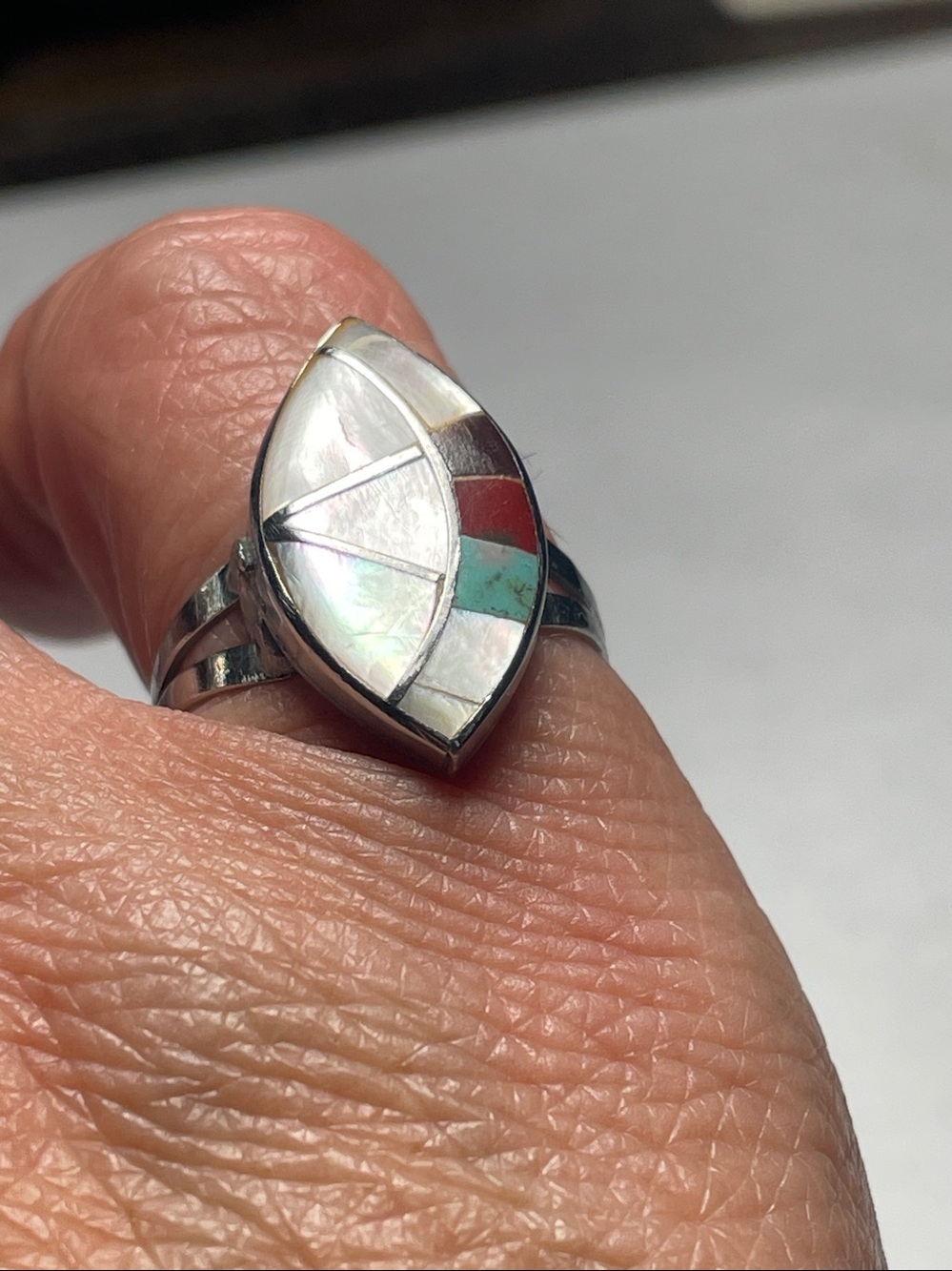 Vintage Silver Marquise Inlay Ring Mother of Pearl Turquoise Coral As-Is